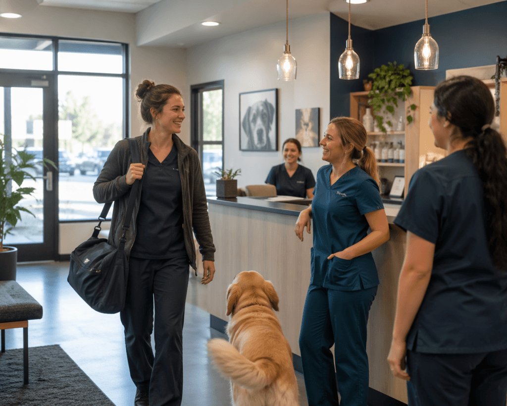 relief veterinarian arriving for a shift at a veterinary clinic